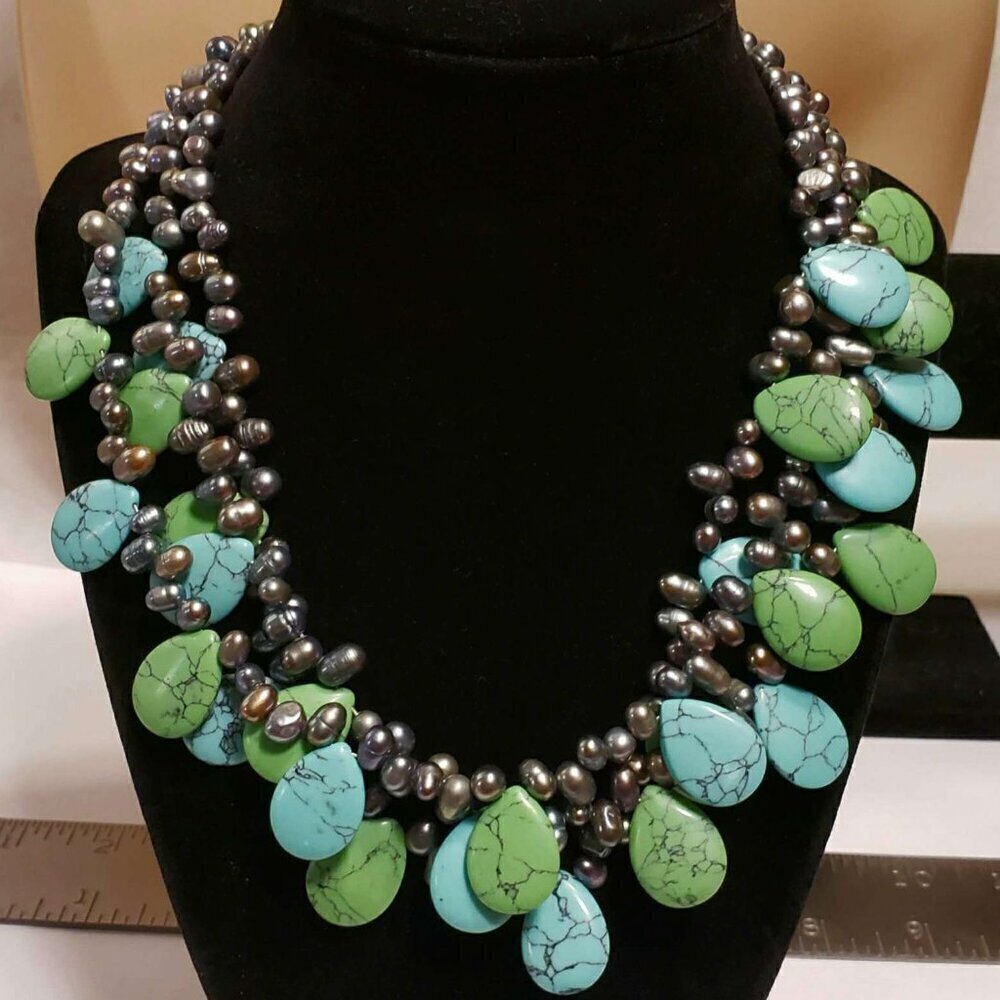 Black Freshwater Pearl with Turquoise & Green Howlite Teardrop 3 Strand Necklace - Picture 2 of 7